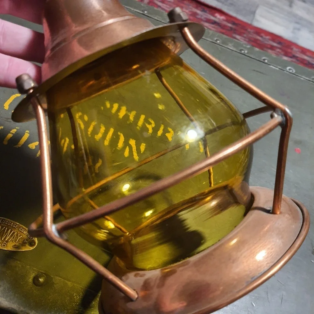 Vintage Metal Copper & Amber Glass Hanging Cage Lantern Naurical Railroad Decor